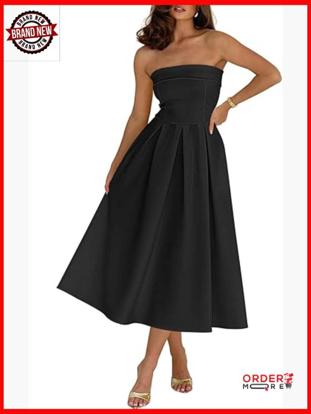 Strapless Midi Dress Summer Pleated Flowy Wedding Guest Party Slim Fit